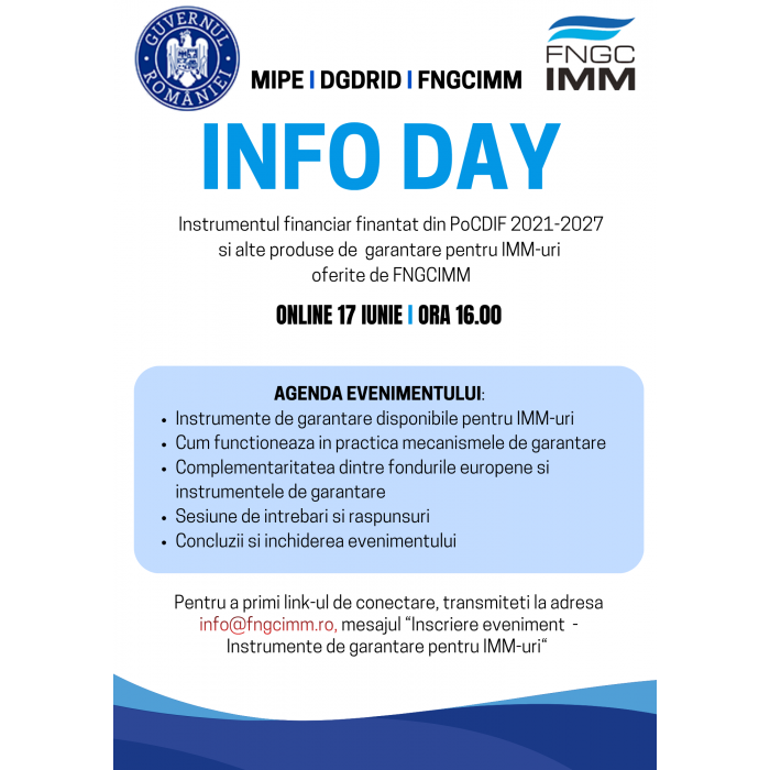 Sesiune Online, miercuri, 17 iunie 2026, ora 16.00 - prezentarea instrumentului financiar finantat din PoCIDIF 2021-2027, implementat de FNGCIMM Sesiune Online, miercuri, 17 iunie 2026, ora 16.00 - prezentarea instrumentului financiar finantat din PoCIDIF 2021-2027, implementat de FNGCIMM